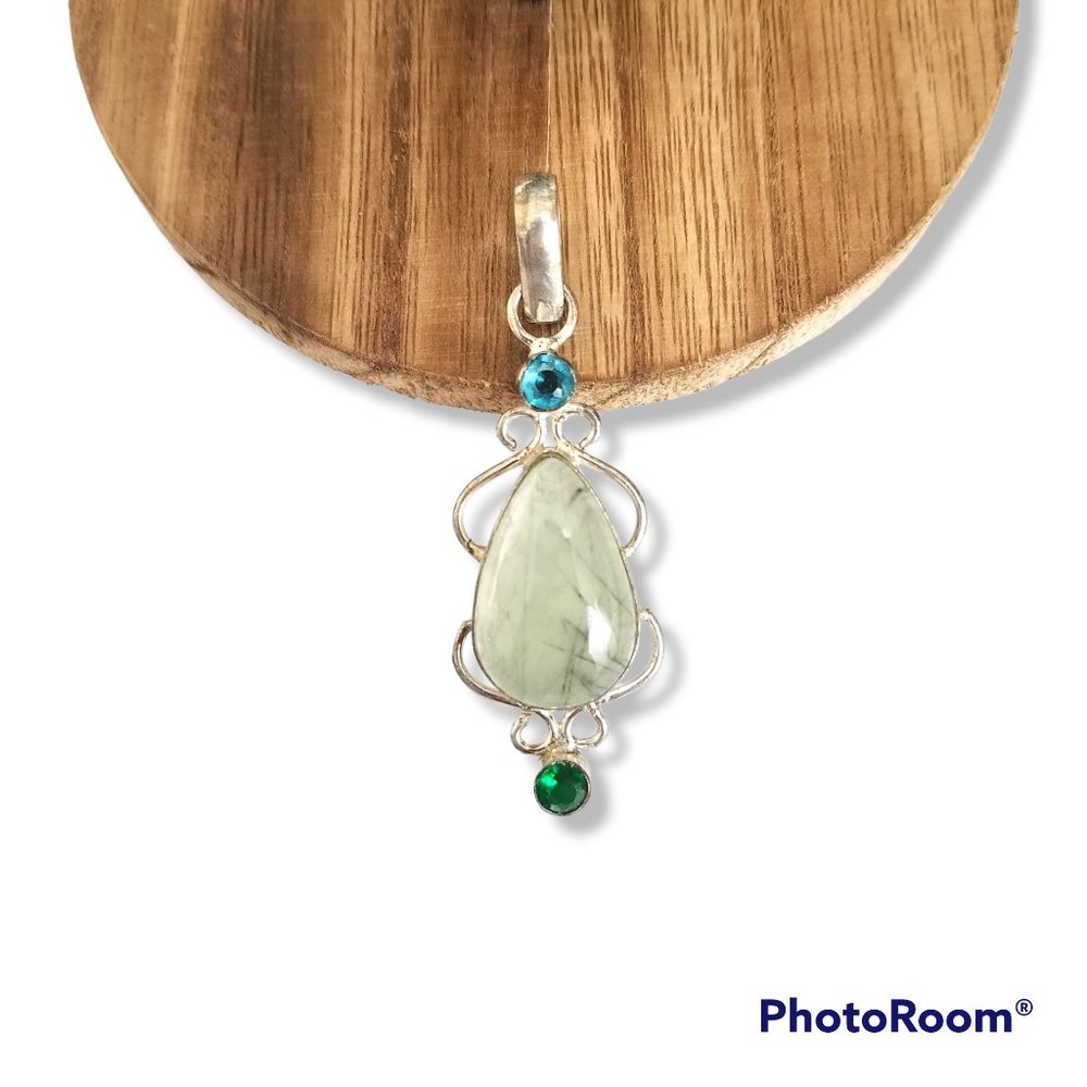 Green Rutile Quarts Pendant Sterling Silver Blue & Green Stones/ Crystal